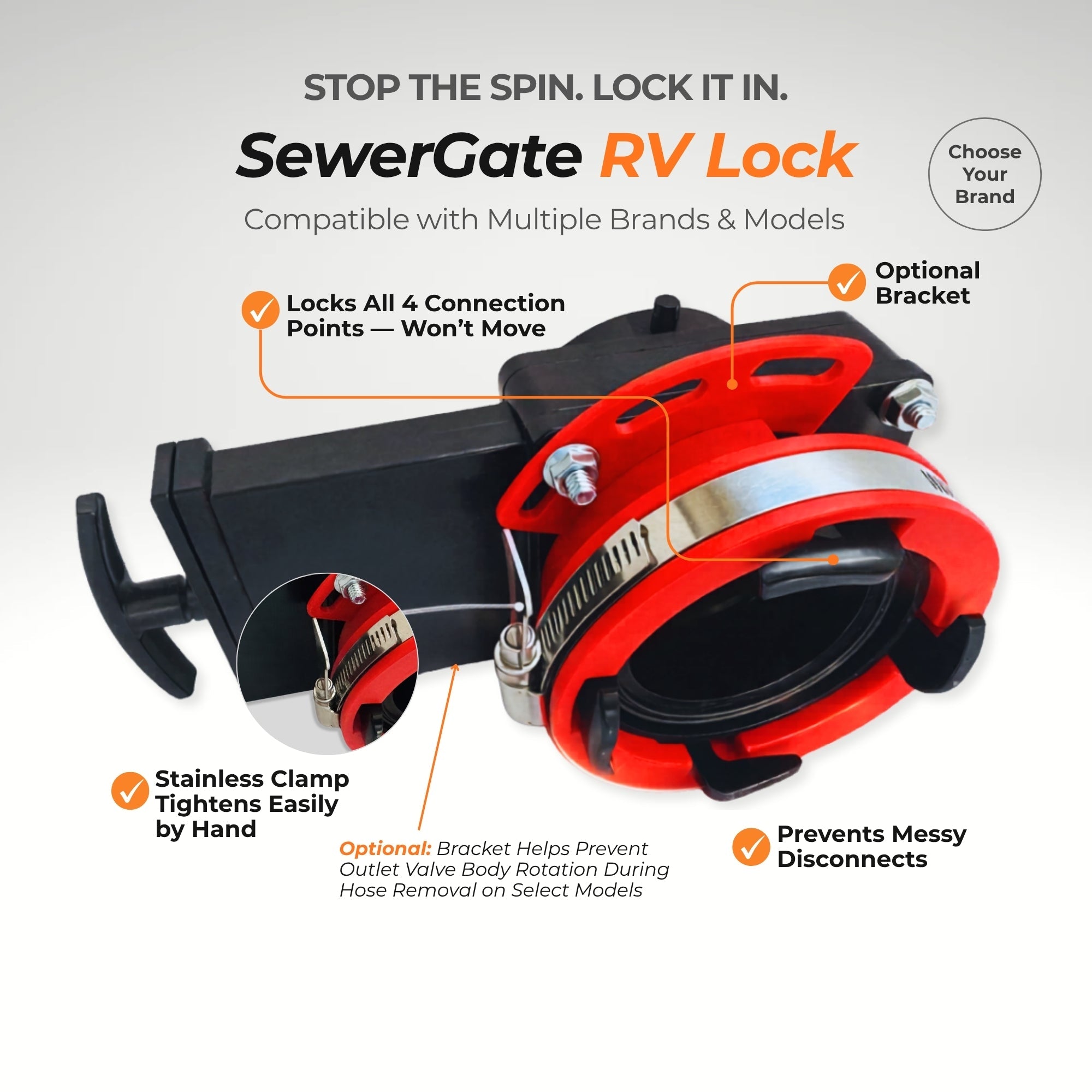 Select the compatible SewerGate RV Lock model for your valve brand and configuration. Designed to fit multiple brands and models.