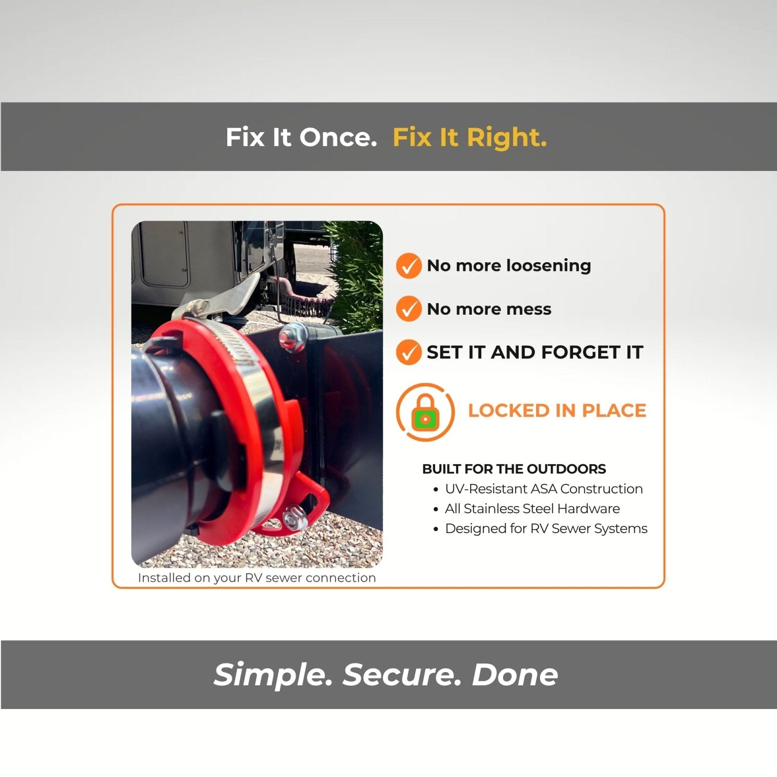 RV sewer hose connection secured with SewerGate lock installed