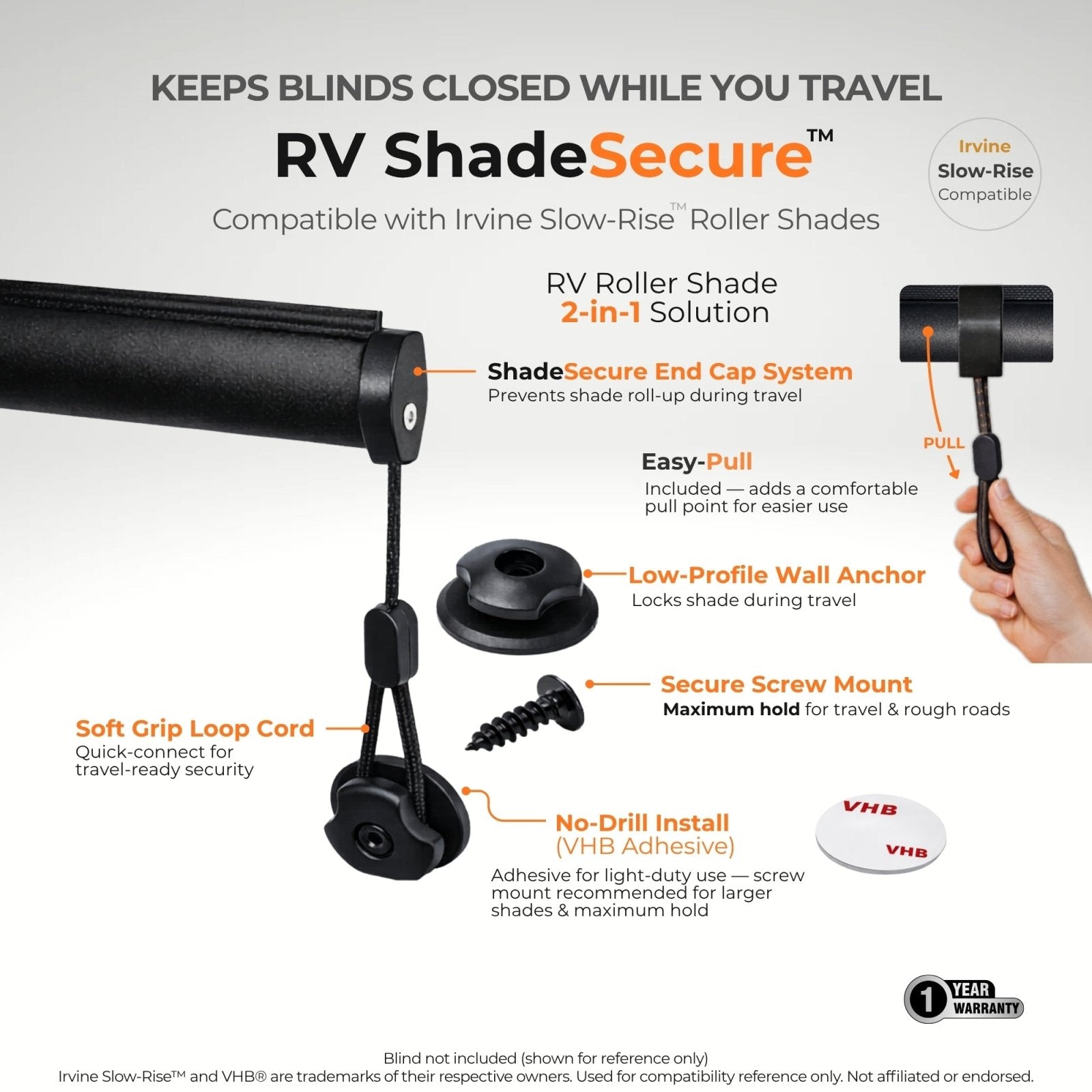 RV ShadeSecure + Easy-Pull System (Irvine Slow-Rise Compatible)