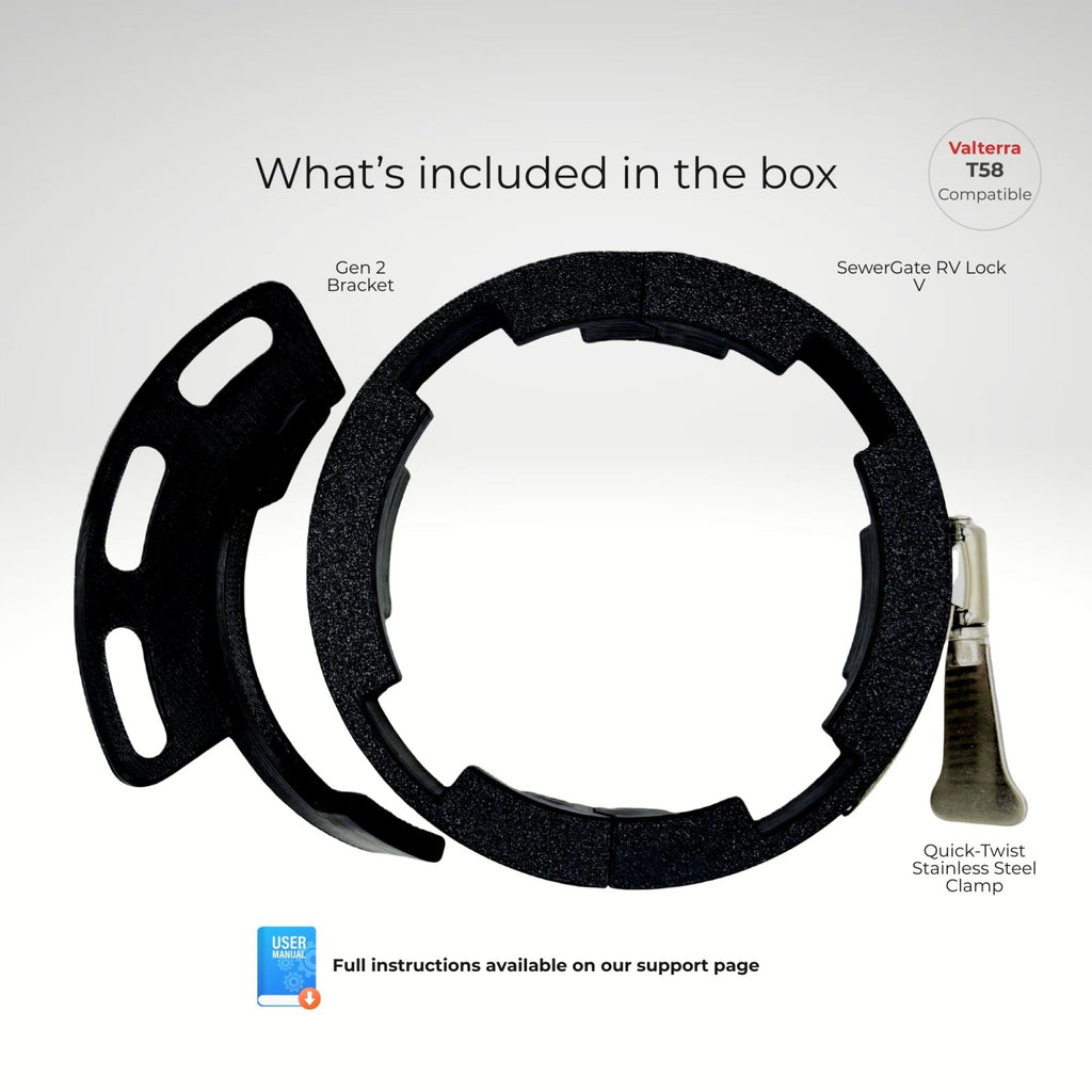 SewerGate RV Lock components, including clamp ring bracket and hardware