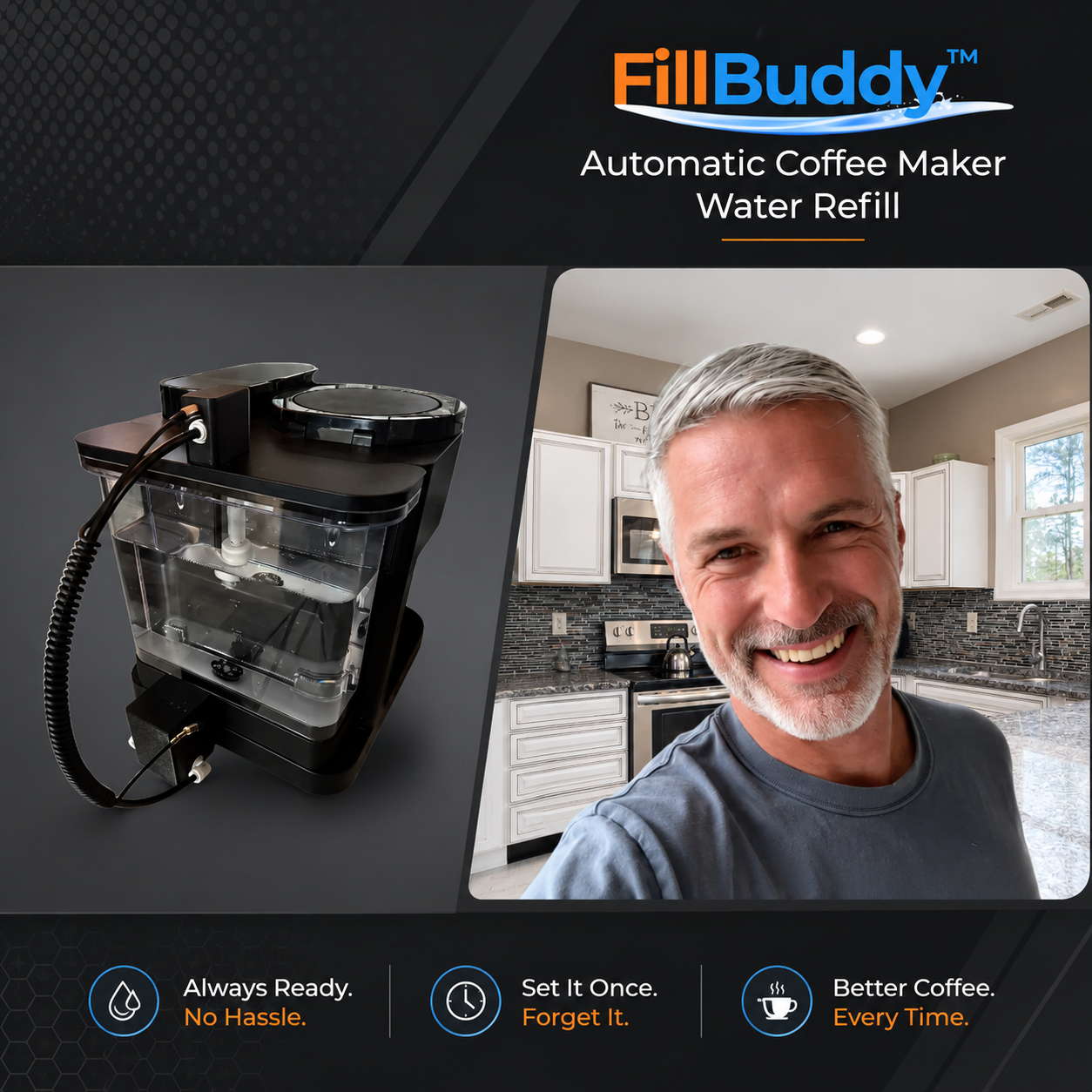 FillBuddy automatic coffee maker water refill system demonstration