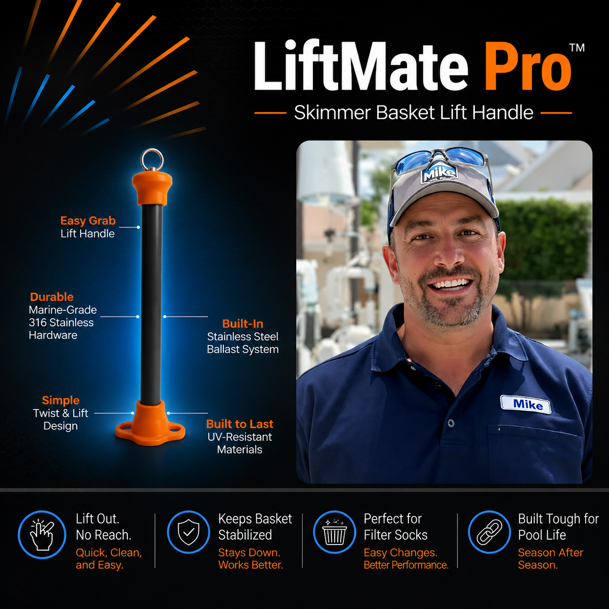 LiftMate Pro skimmer basket lift handle for swimming pools featuring a twist-lock design, built-in ballast system, and easy basket removal.